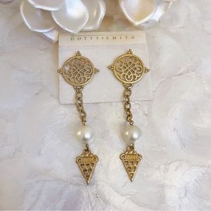 Vintage Gold Tone Byzantine Faux Pearl Long Dangle Earrings Dotty Smith